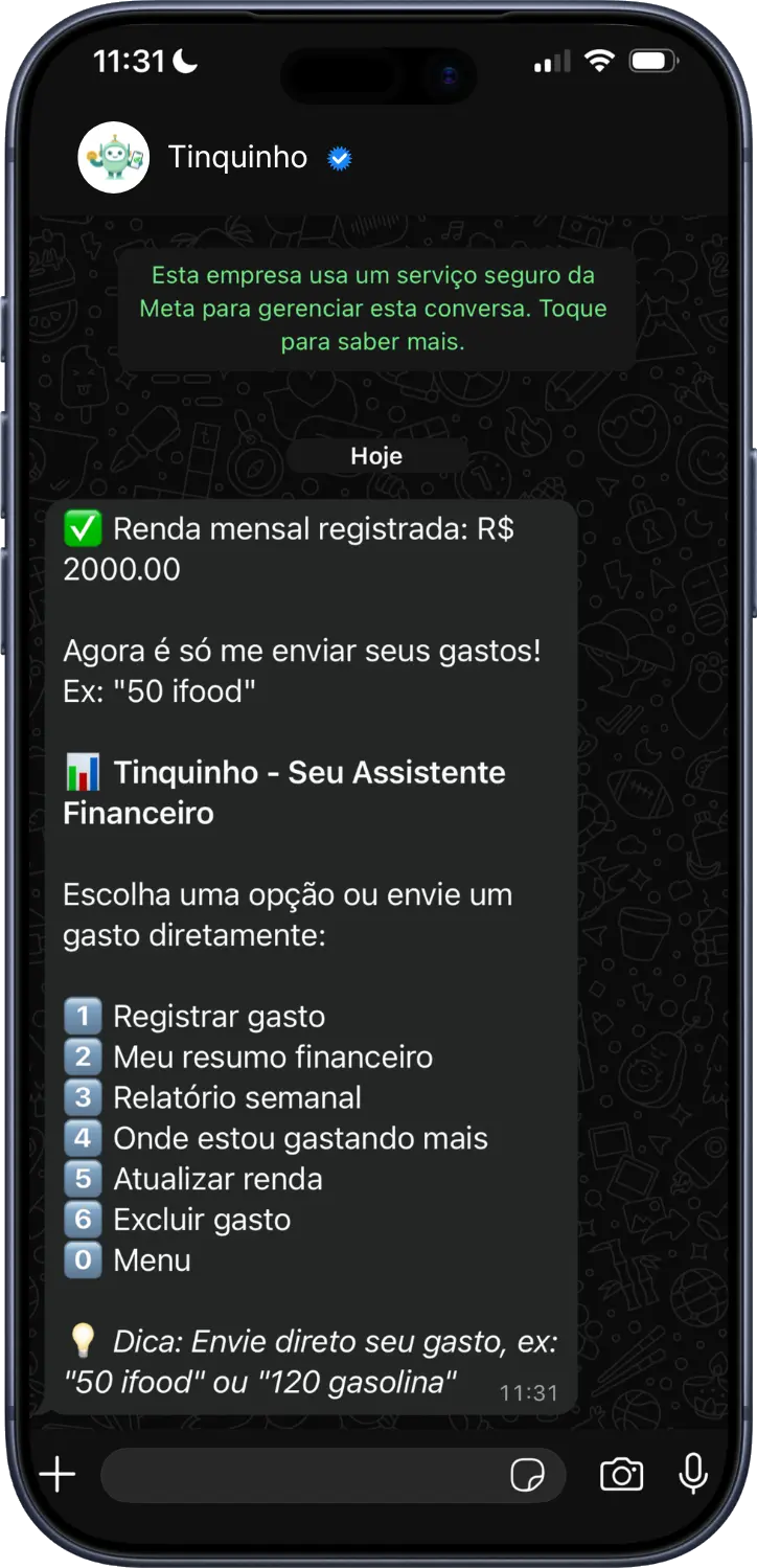 Cadastro da renda mensal no Tinquinho pelo WhatsApp