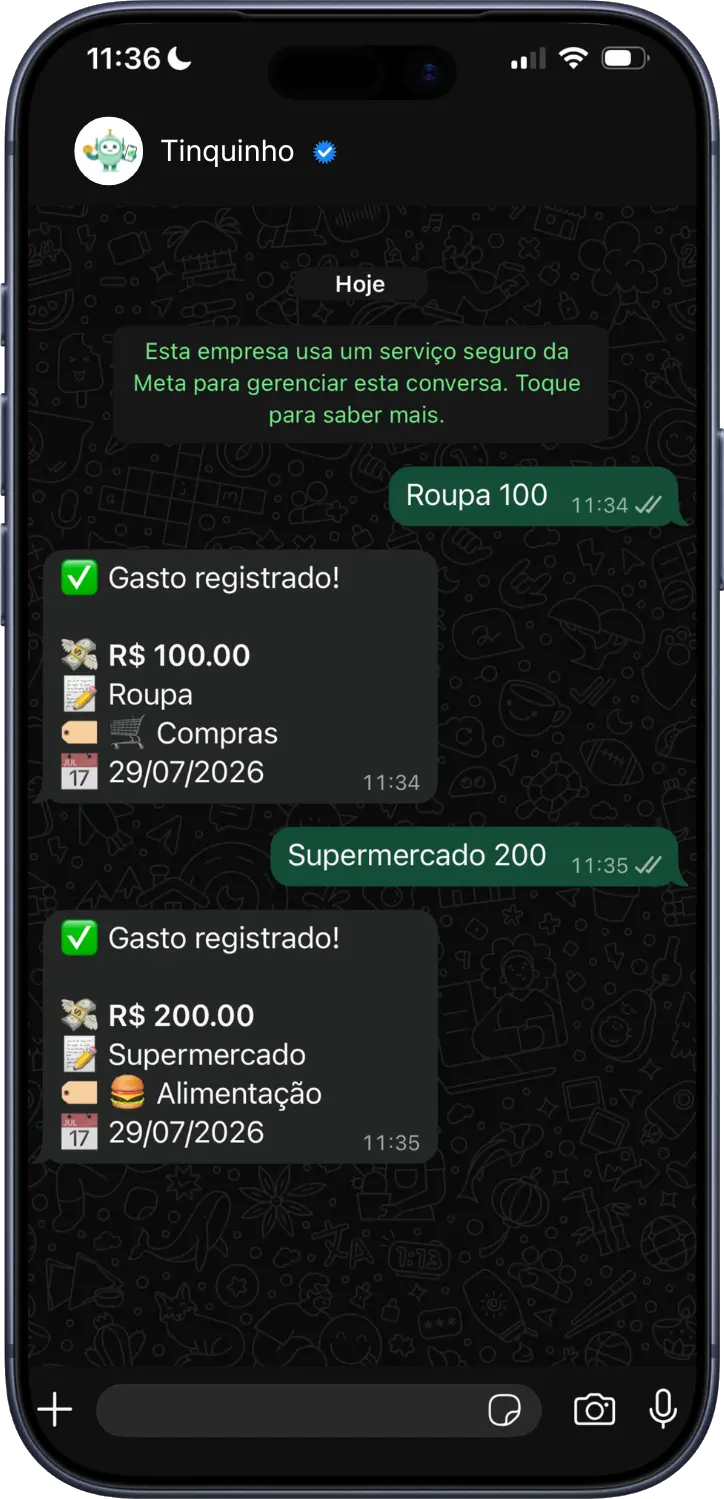 Registro de um gasto em linguagem natural no WhatsApp